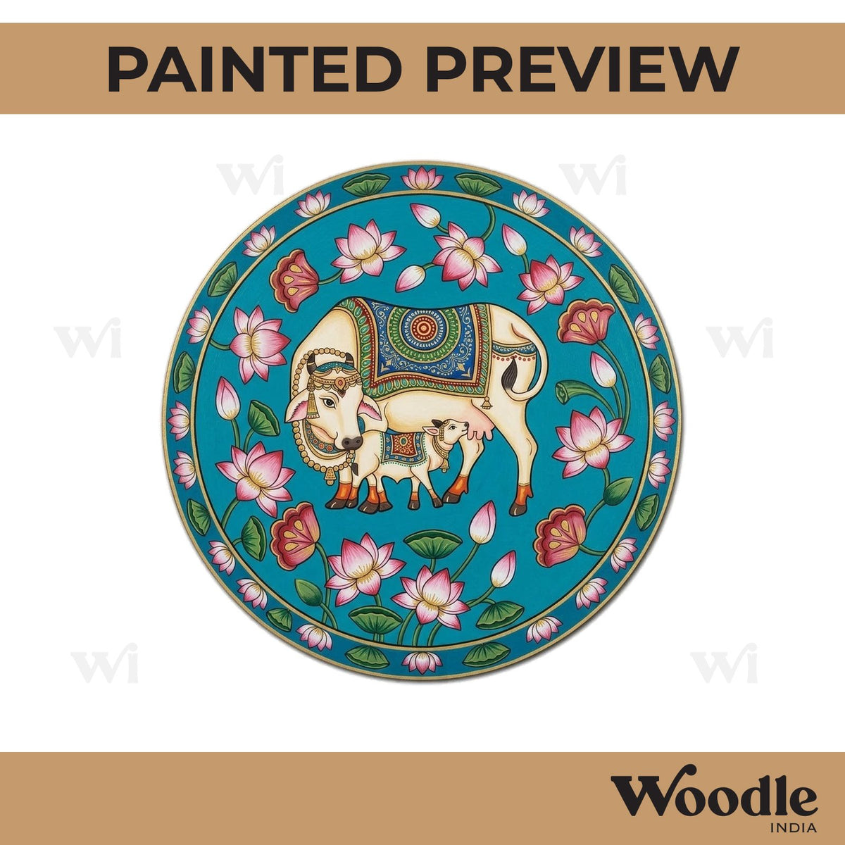 Pichwai Cow And Lotus Wall Frame Round Pre Marked MDF Design 1