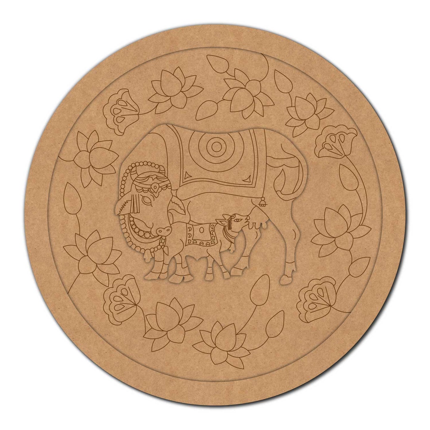 Pichwai Cow And Lotus Wall Frame Round Pre Marked MDF Design 1