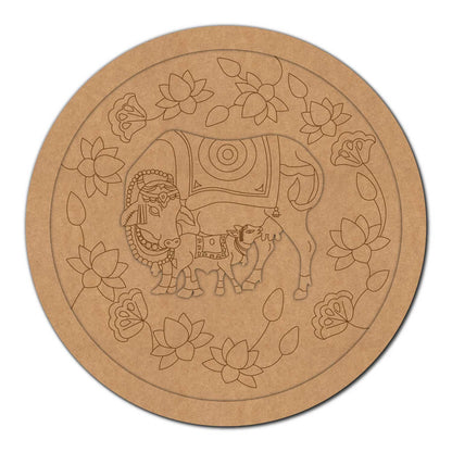 Pichwai Cow And Lotus Wall Frame Round Pre Marked MDF Design 1