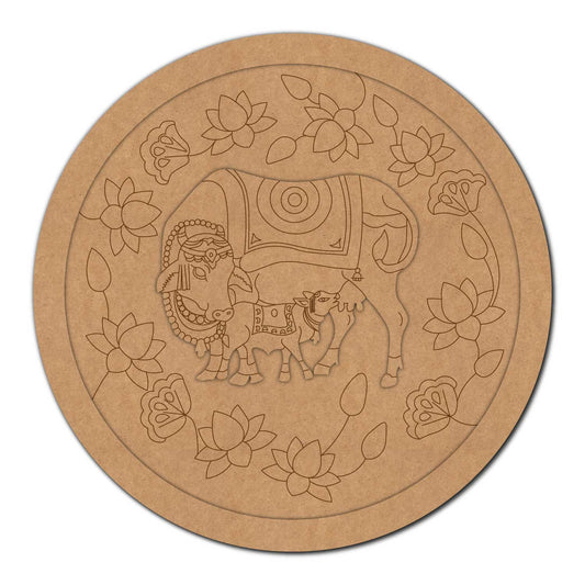 Pichwai Cow And Lotus Wall Frame Round Pre Marked MDF Design 1