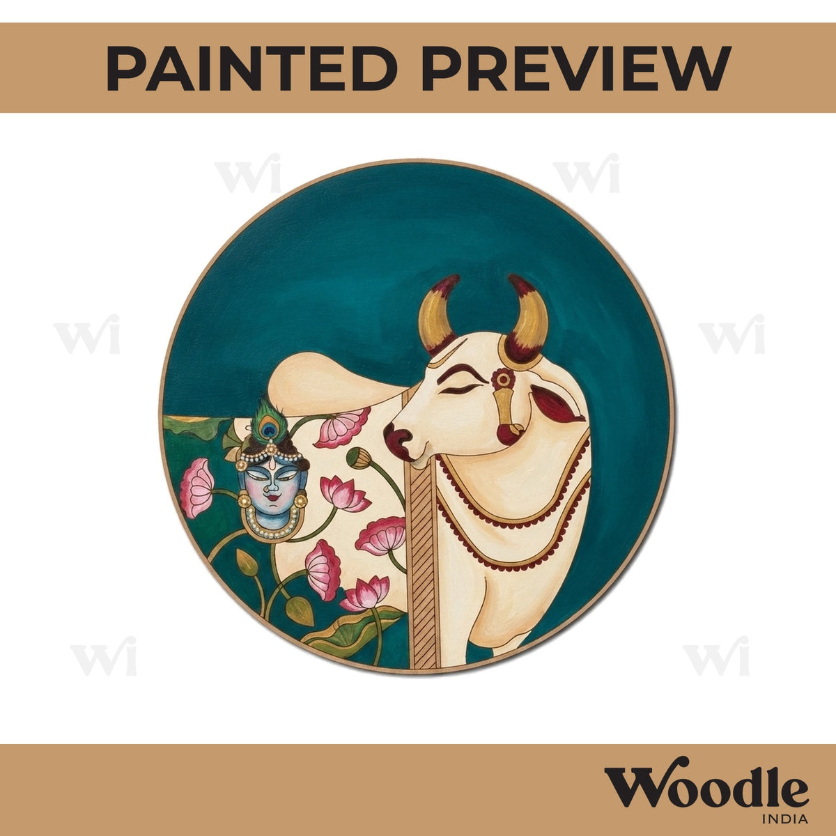 Pichwai Cow Shrinath Ji Pre Marked Round MDF Design 1