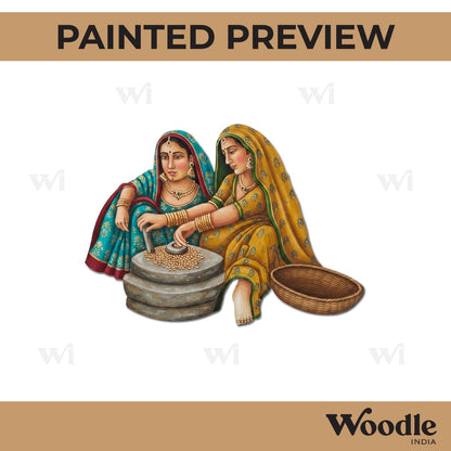 Village Women Working On Chakki Pre Marked MDF Design 1