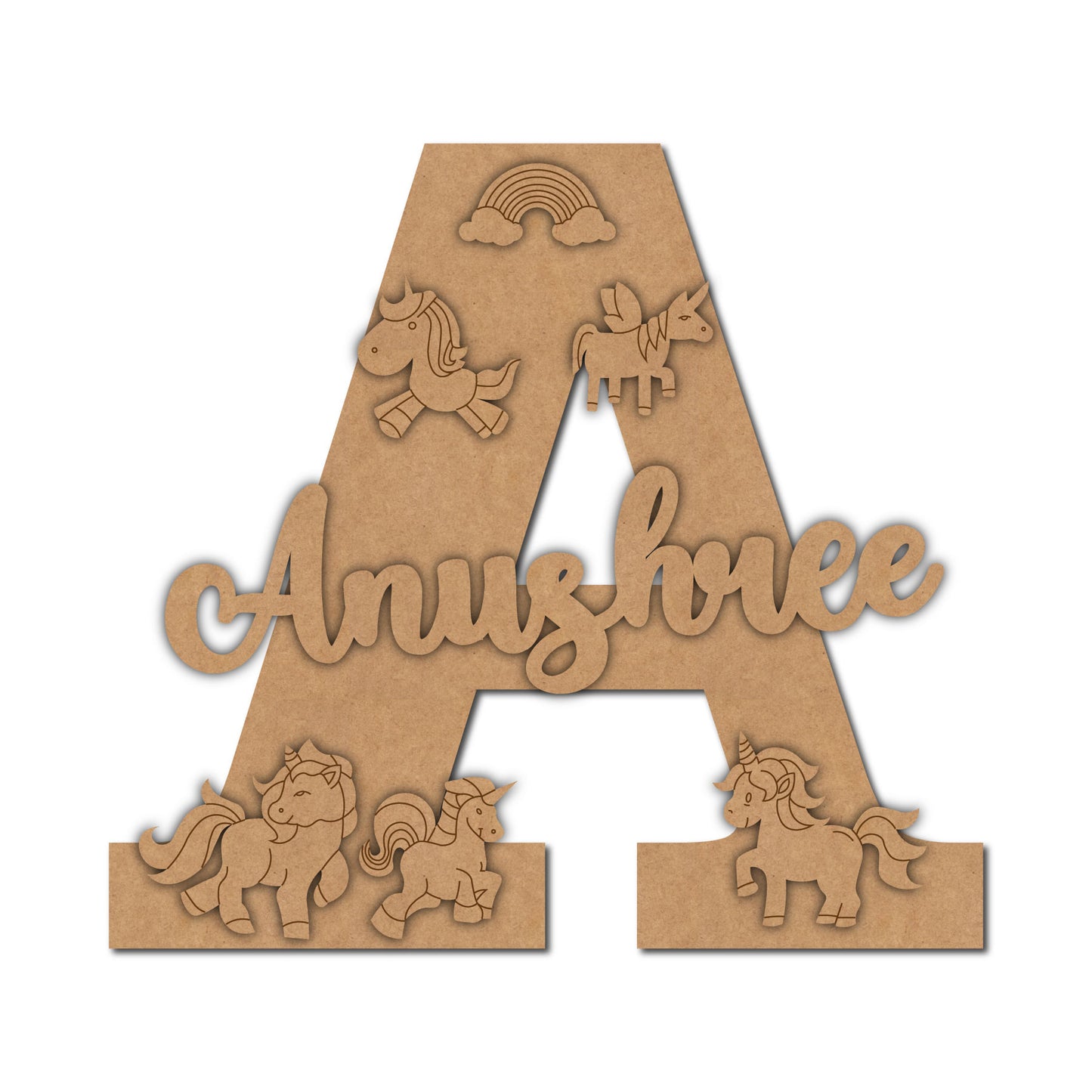 Alphabet Monogram Unicorn Nameplate MDF Design 1